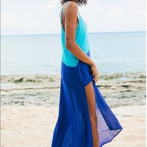 Lulu’s Seaside Retreat Turquoise and Cobalt Blue Maxi Cover-Up Medium Never Worn